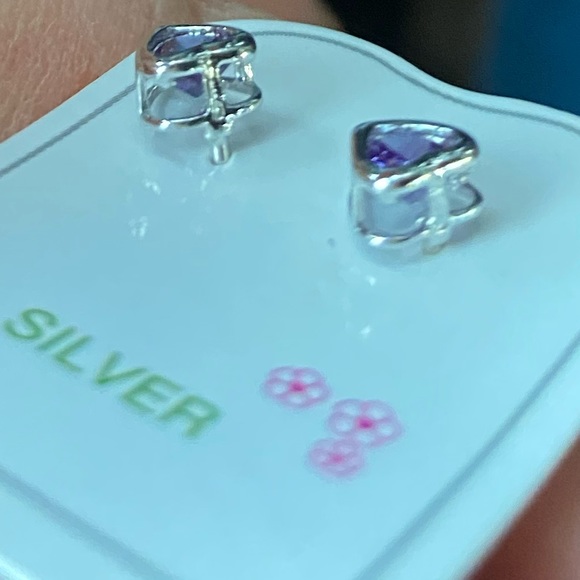 Silver Birth Month 4mm Purple Heart Earrings - Picture 8 of 9